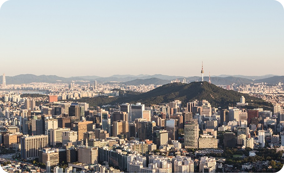 Aerial view of downtown Seoul, South Korea at sunset.