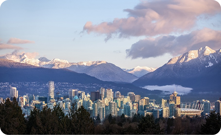 Downtown Vancouver cityscape from Queen Elizabeth Park at winter.